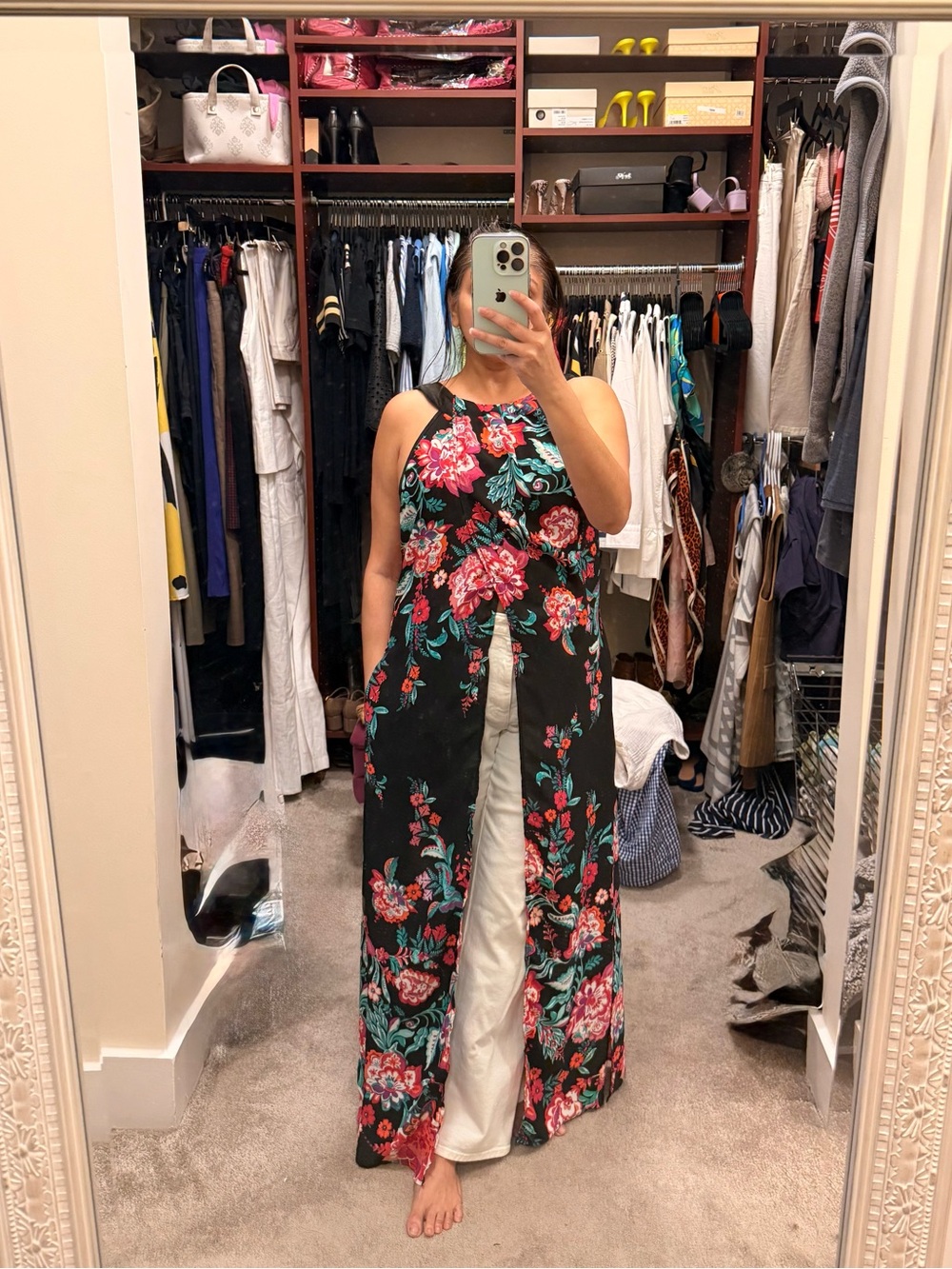 New York & Company Black long flowy slits top with Pink and Teal Floral Accents